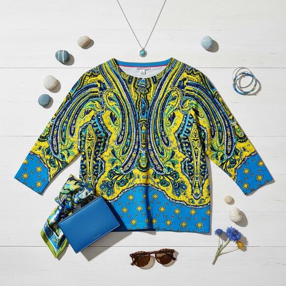 Isaac Mizrahi Paisley Cardigan Sweater Blue Yellow 3/4 Sleeve XL - Picture 3 of 11